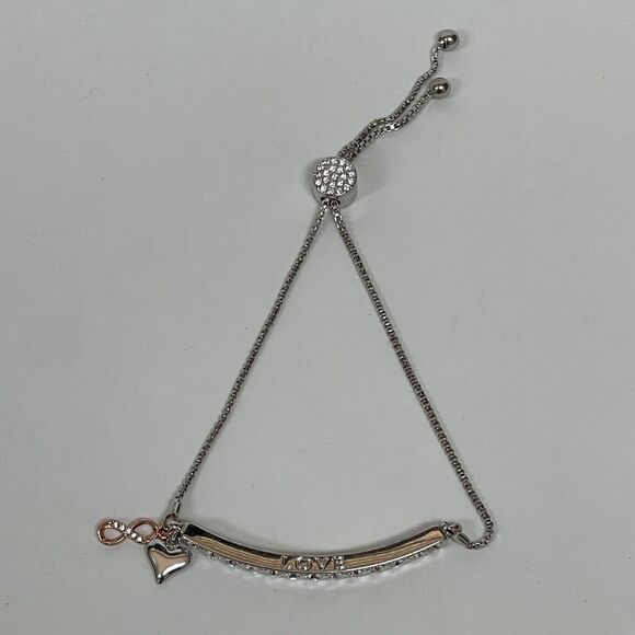 Silver-tone Rhinestone "LOVE" Heart Fashion Adjustable Chain Bracelet NWOT - Picture 1 of 5